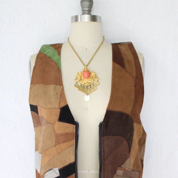 Vintage 60's Leather vest tunic Patchwork fish scale hippie western Free People - Picture 3 of 11